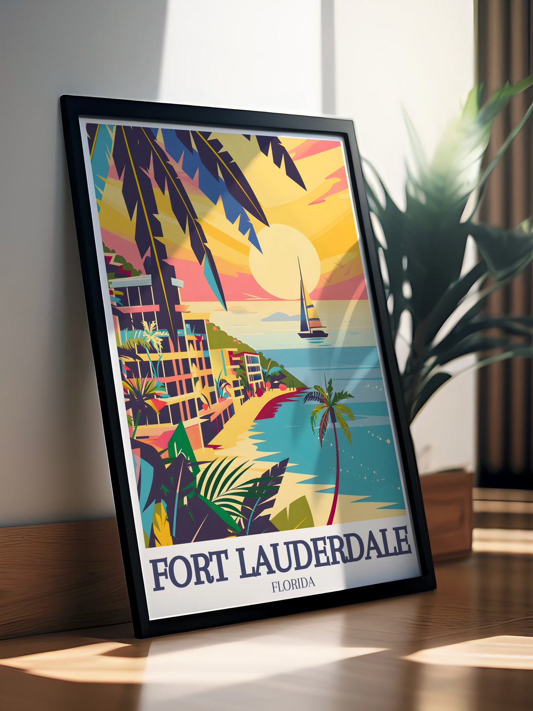 Fort Lauderdale Poster Print showcasing the vibrant beach and scenic Intracoastal Waterway, perfect for adding a touch of Floridas beauty to any space. This travel print is ideal for those who love the sun and water.