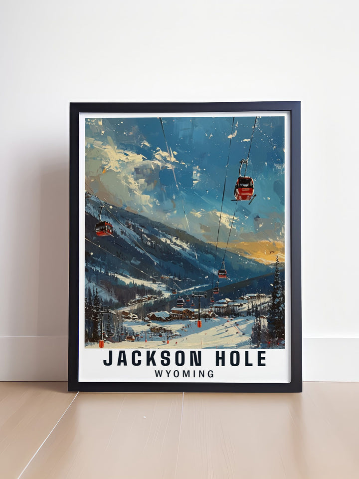 This Jackson Hole poster print captures the stunning beauty of Wyoming, featuring the Mountain Resort and its breathtaking surroundings. Ideal for adventure lovers, this travel print brings the excitement of skiing, hiking, and exploring Jackson Hole into your home décor.