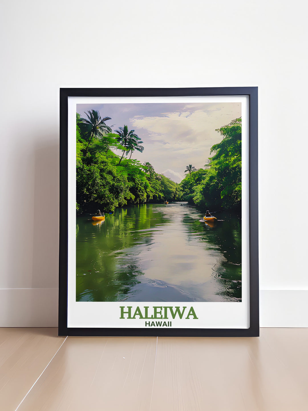 Add a tropical touch to your living room with this Haleiwa Travel Print Highlighting the Anahulu River Haleiwa River and the city skyline it brings a perfect blend of nature and urban beauty into any space great for gifts or home decor