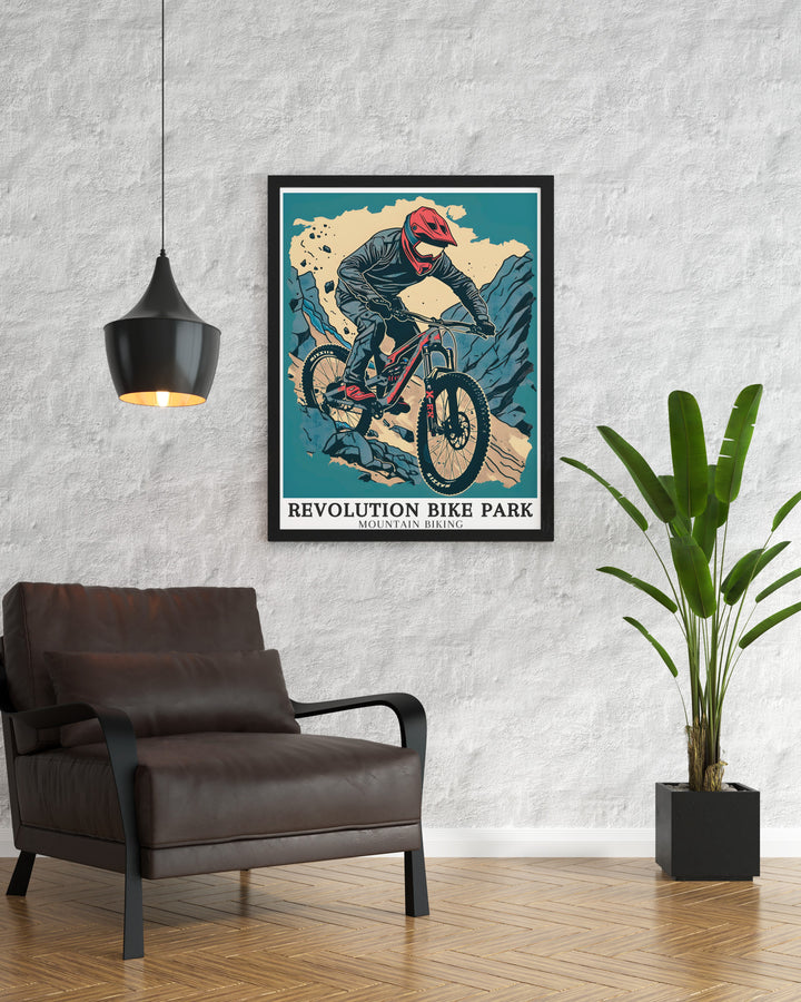 Mountain biking art from Revolution Bike Park in Wales. Featuring The Dark Side Trail, these prints capture the essence of adventure and the beauty of nature. Ideal for decorating your living space.