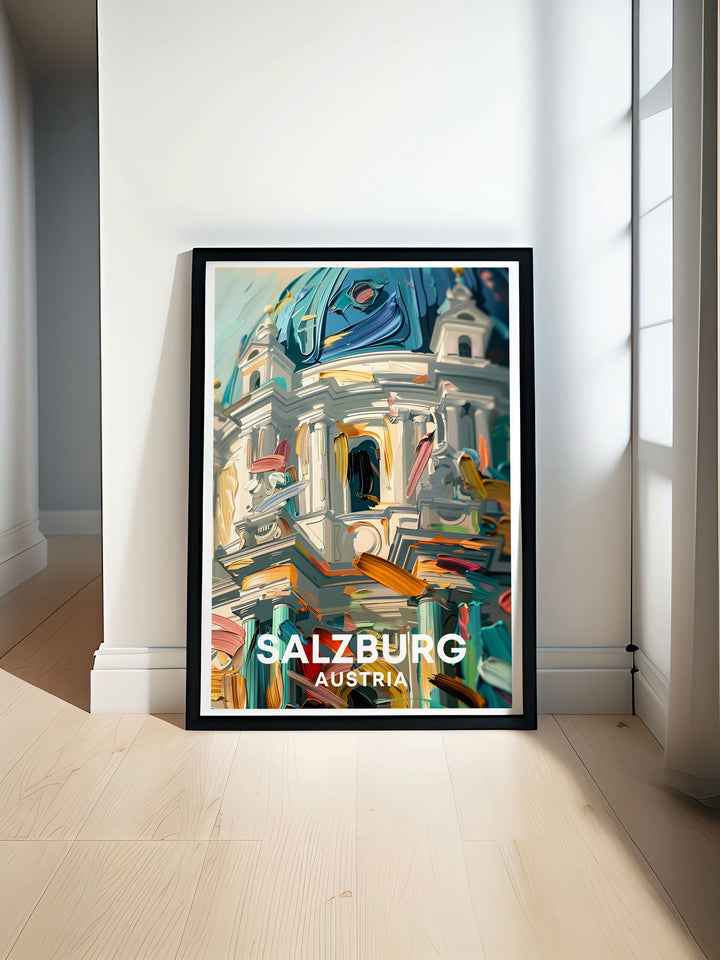 Zauchensee skiing and Salzburg cathedral featured in a vibrant vintage travel print. Perfect for home decor, this print combines the thrill of skiing and the historical beauty of the Salzburg cathedral. Ideal for art lovers and travel enthusiasts.