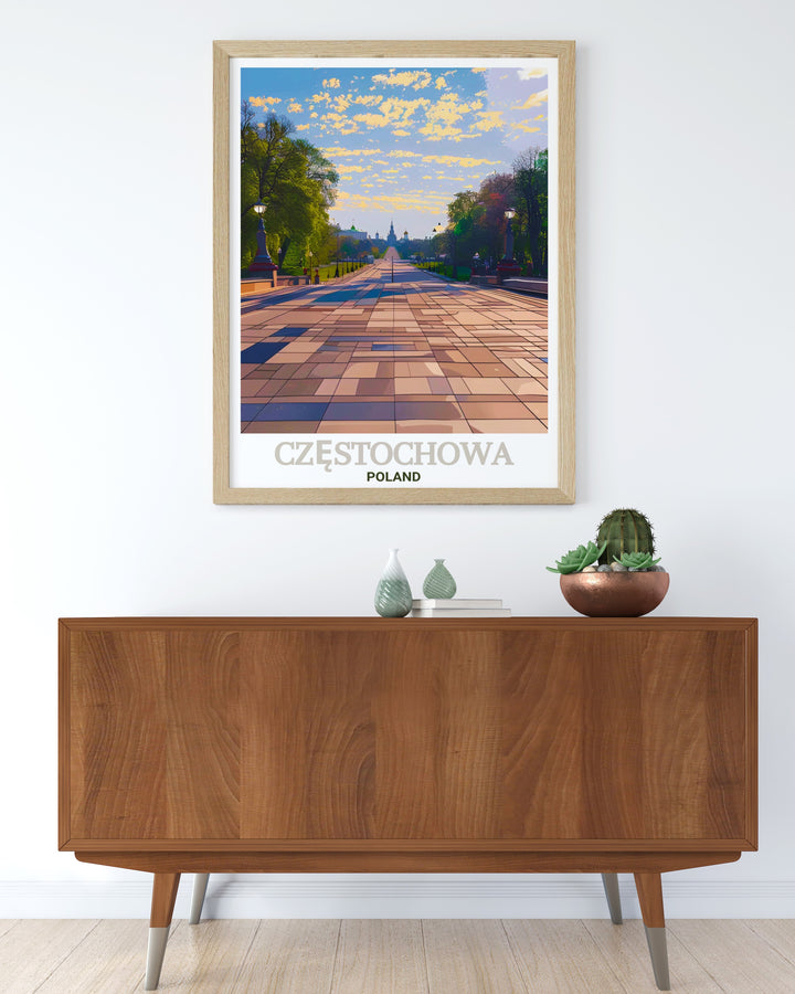 Our Avenue of the Blessed Virgin Mary print offers a detailed view of one of Polands most important pilgrimage routes. Perfect for travel enthusiasts or history lovers, this poster brings the elegance and spiritual essence of Częstochowa into your living space.