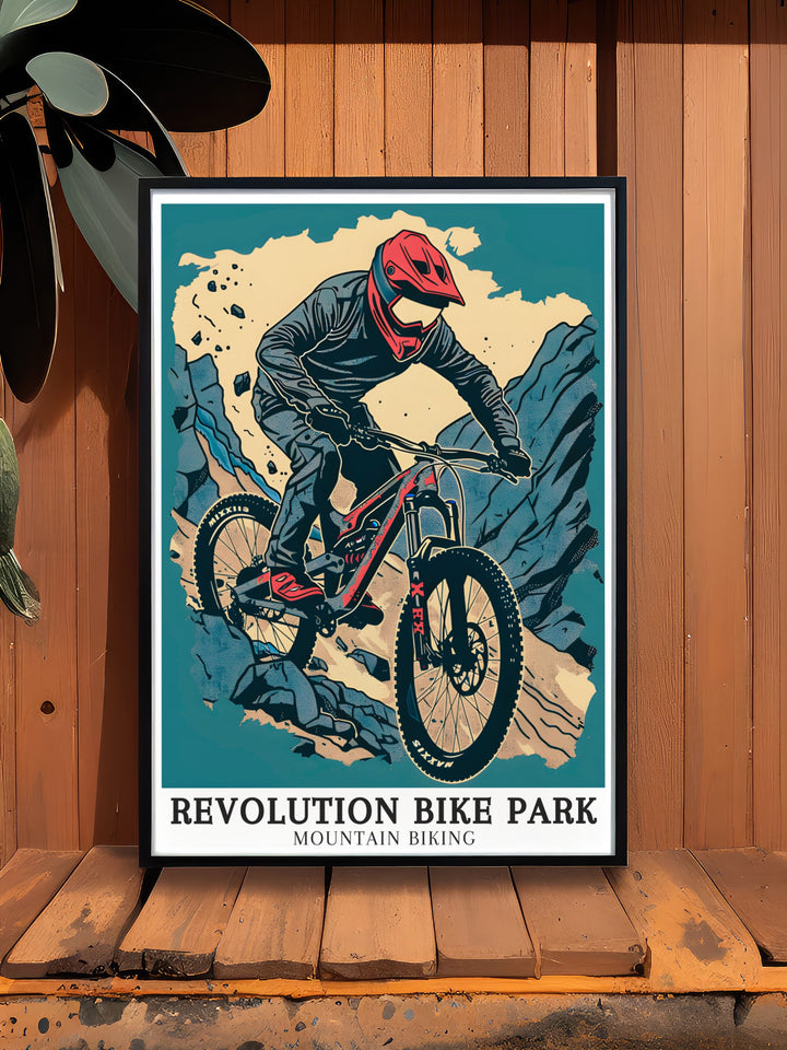 The Dark Side Trail in Wales Revolution Bike Park. A stunning piece of mountain biking art that captures the excitement and beauty of the trail. Ideal for anyone who loves cycling and the outdoors.