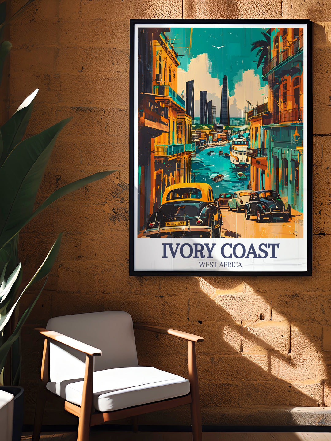 Abidjans Plateau district comes to life in this travel print, showcasing Ivory Coasts thriving urban landscape. Perfect for those seeking a unique piece of African travel art, this poster adds a modern touch to your decor while celebrating the beauty of Ivory Coast.