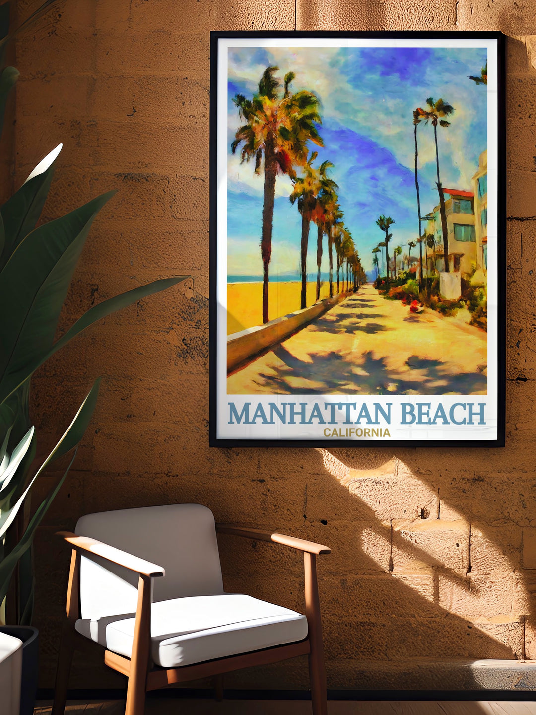 This travel print captures the iconic Manhattan Beach along with The Strand, a popular spot for cyclists, joggers, and beachgoers. Ideal for those who love the California coast, this artwork adds a splash of color and serenity to your home décor.