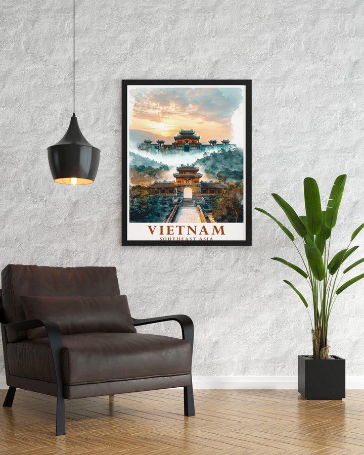 A Vietnam Poster featuring the historical and architectural beauty of Hue Imperial City, combined with the vibrant life of Hanoi. This piece is a great way to celebrate Vietnams cultural diversity and add a unique touch to your decor.