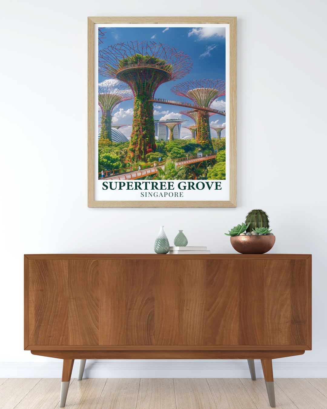 Daytime Supertree Grove poster featuring Singapores iconic skyline. A perfect addition to your home decor this stunning artwork brings modern elegance to any living room or office space. Great for lovers of travel and art.