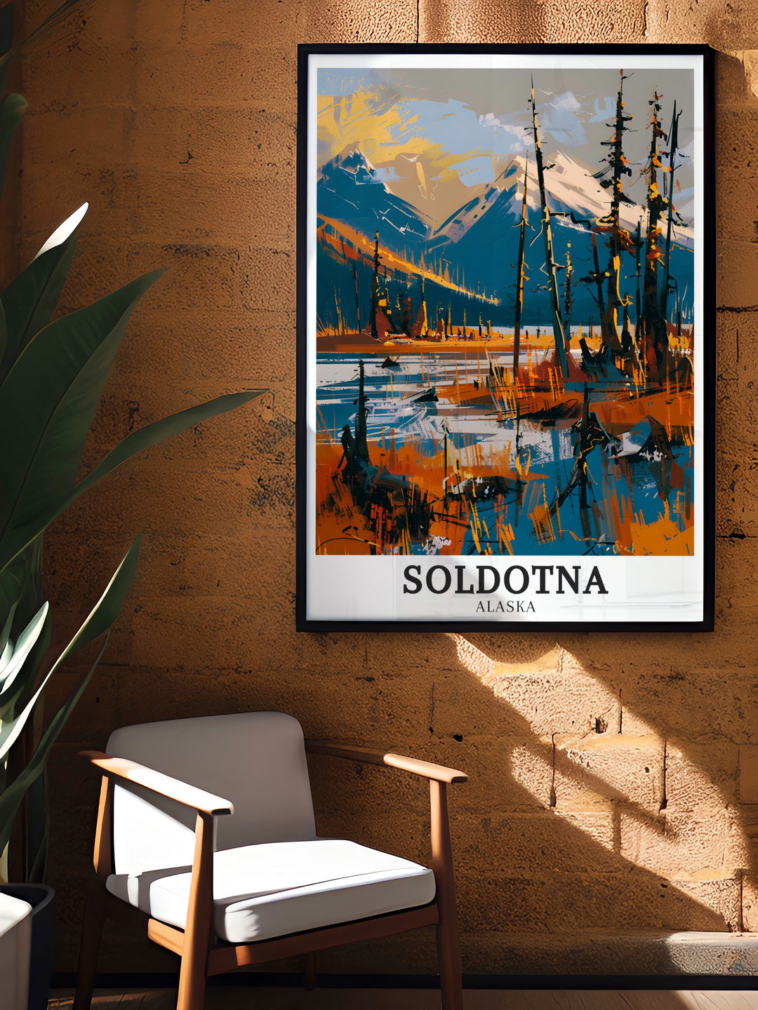 Beautiful Soldotna travel print capturing the stunning landscapes of the Kenai Peninsula and the enchanting boreal forest. This artwork brings the raw beauty of Alaskas wilderness into your home, making it a perfect addition to any nature lovers decor