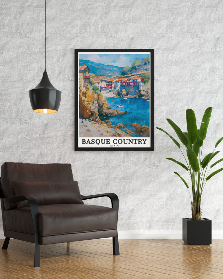 Framed art poster of the Basque Country, showcasing the stunning landscape of the Bay of Biscay and the village of Getaria. This vintage style print is a timeless piece, perfect for anyone who loves the elegance of Spains coastal towns and the tranquility of the sea.