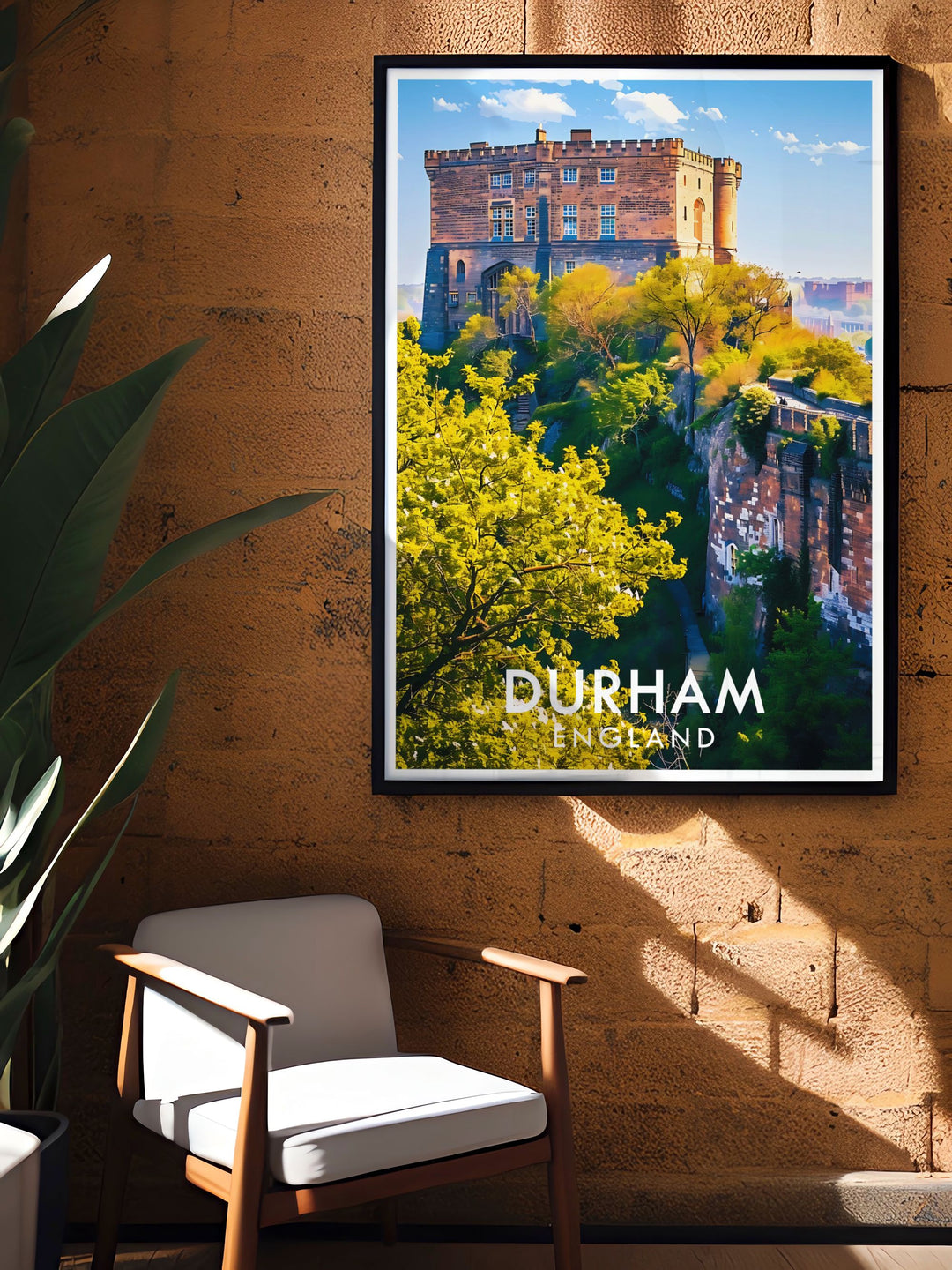 This art print showcases Durhams iconic skyline, dominated by the majestic Durham Castle and Cathedral, perfect for enhancing any home or office decor.