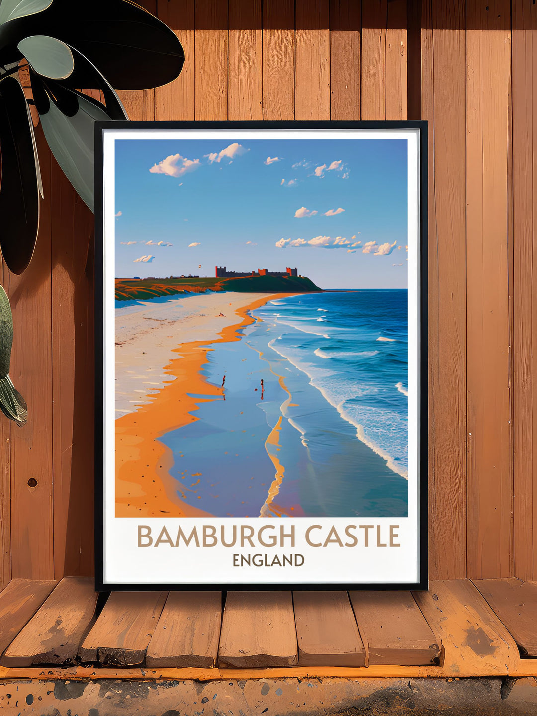 Bamburgh Beach wall art featuring the serene beach and historic Bamburgh Castle in the background, perfect for adding a touch of coastal elegance.