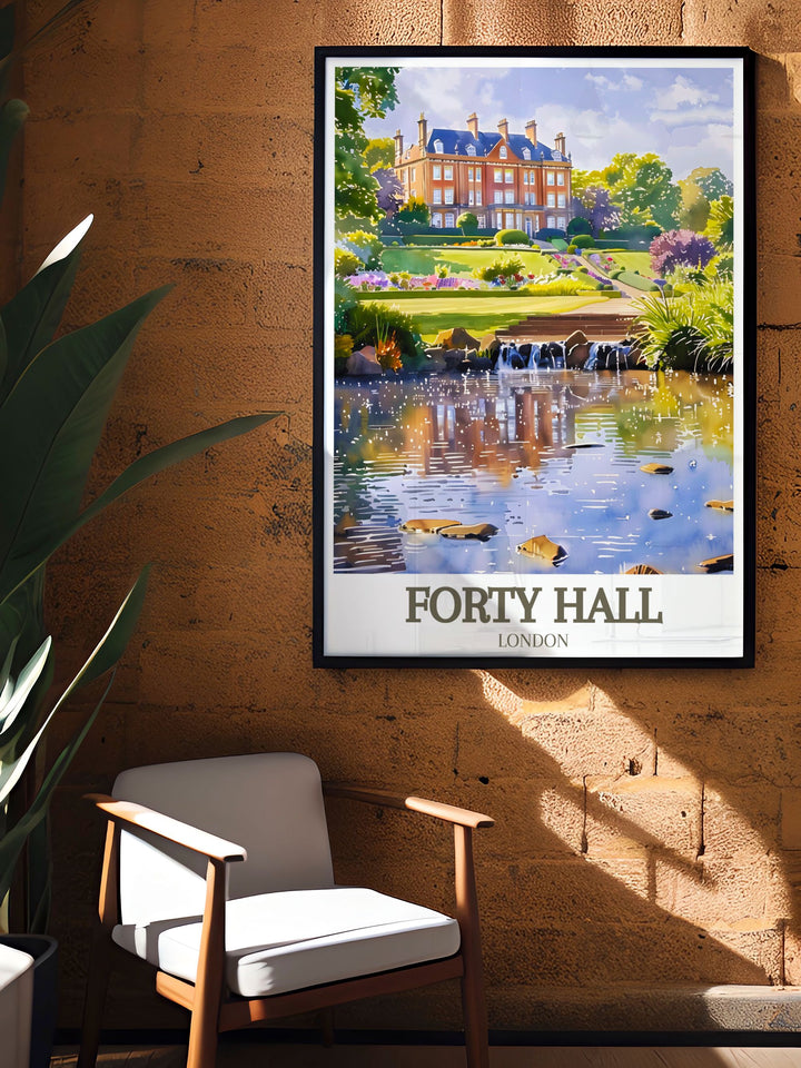 The serene parklands of Forty Hill are vividly illustrated, offering a glimpse into the peaceful and picturesque setting of this historic site.