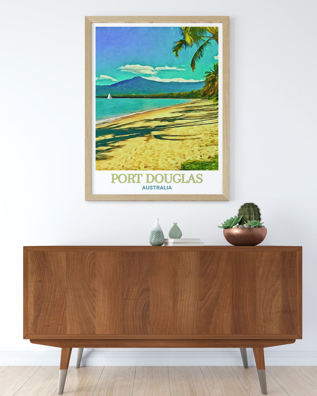 Transform your space with this Port Douglas art print, highlighting the natural beauty of Australias Four Mile Beach. This travel poster is a must have for nature lovers and beach enthusiasts, offering a slice of paradise right in your home.