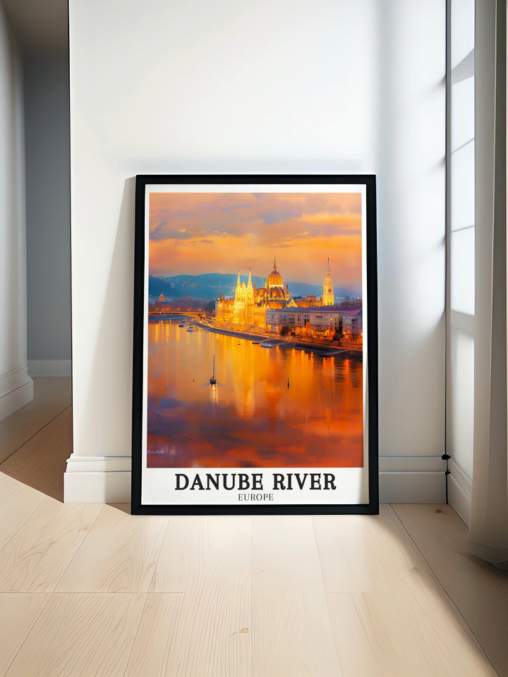 This Danube River Art Print showcases the iconic Hungarian Parliament Building Budapest. Perfect for adding elegance to any living room or office decor. Ideal as a Danube Travel Gift for those who love European architecture and history.