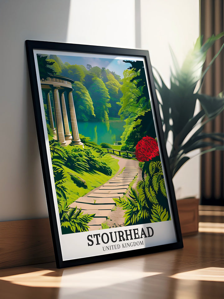 Stourhead Poster Print focusing on the Temple of Apollo, a symbol of classical beauty and elegance within the lush, green expanse of Stourhead Gardens, ideal for art lovers.