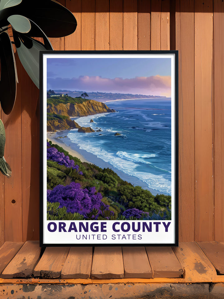 Crystal Cove State Park travel print highlighting the rugged trails, ocean views, and untouched nature of this iconic Orange County destination. Perfect for nature lovers and outdoor enthusiasts, this minimalist art piece captures the essence of Crystal Cove, making it an excellent addition to any wall décor.