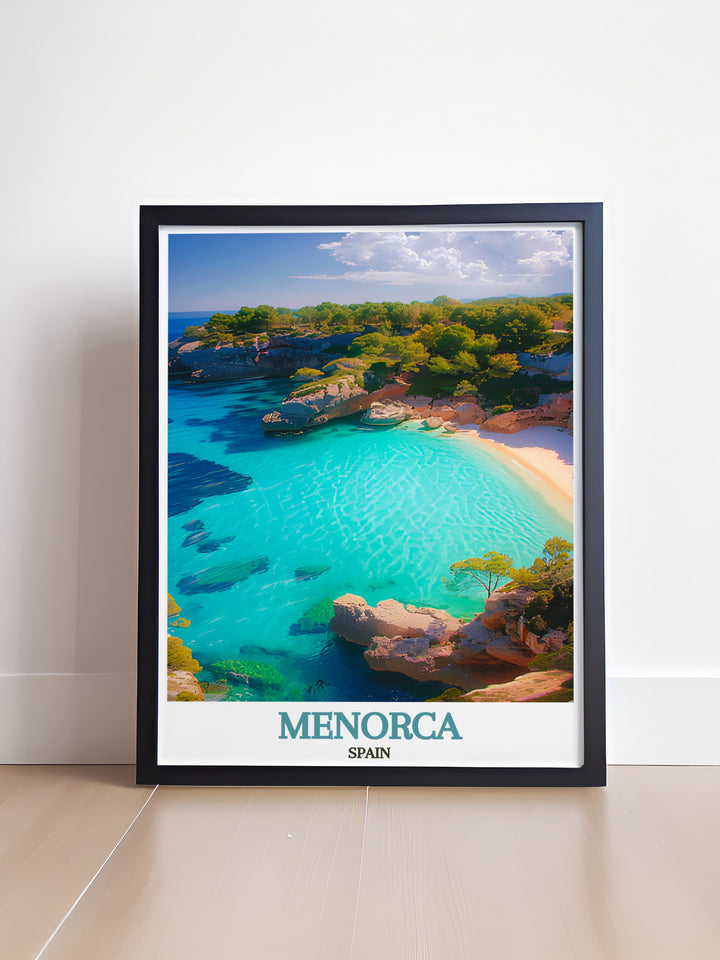 Cala Macarella framed print capturing the beauty of Menorcas coastline with its inviting clear waters and natural landscape making it a perfect choice for Spain wall decor and elegant home accents.