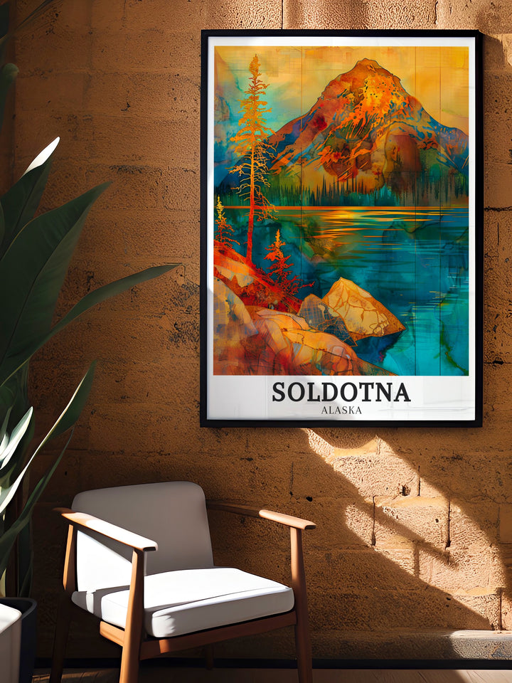 Striking Ptarmigan Peak print showcasing the majestic mountain and the calm Kenai River. The artwork captures the rugged landscapes of Soldotna, ideal for those who appreciate Alaskas natural wonders