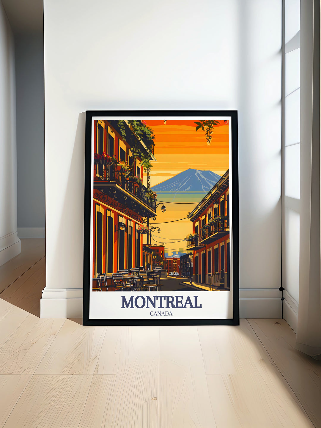 Rue Crescent Mount Royal wall art showcasing the vibrant energy of Montreals bustling street and the serene beauty of the park perfect for home decor or as a Canada gift detailed illustration bringing Montreals charm to any room.