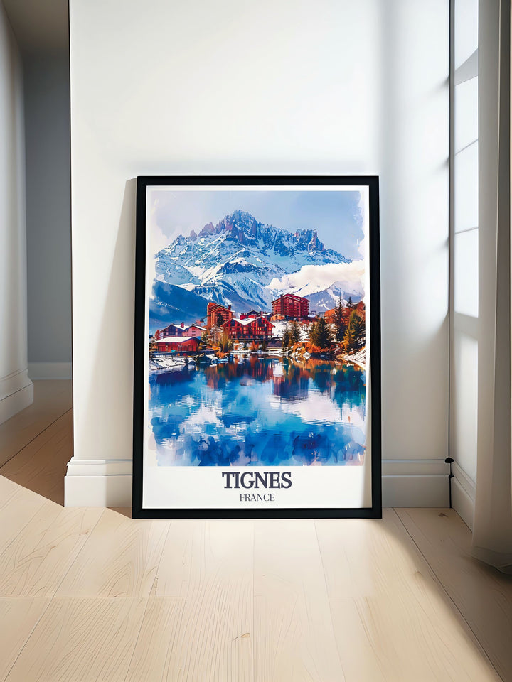 Experience the beauty of Lac de Tignes with our Ski Resort Print featuring Le Lac village perfect for elegant home decor and stunning living room decor ideal for any ski resort poster collection