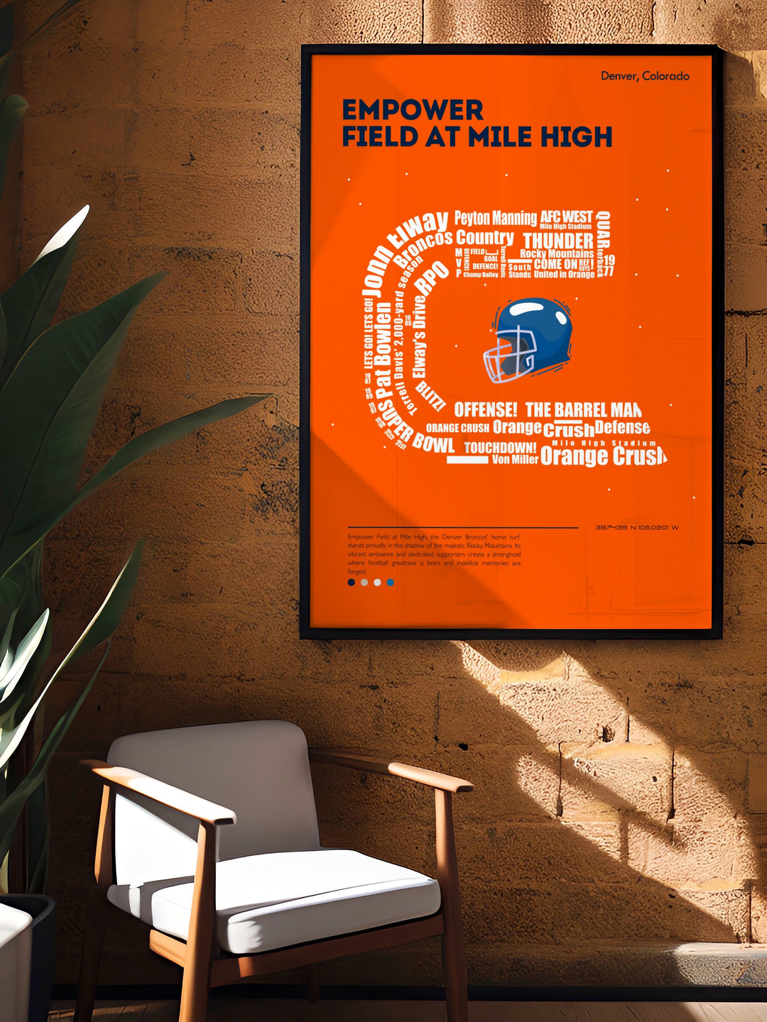 Broncos Print highlighting iconic plays by Demaryius Thomas at Empower field at mile high a must have for any fan looking to celebrate the Denver Broncos with a stunning art print that combines tradition and vibrant design