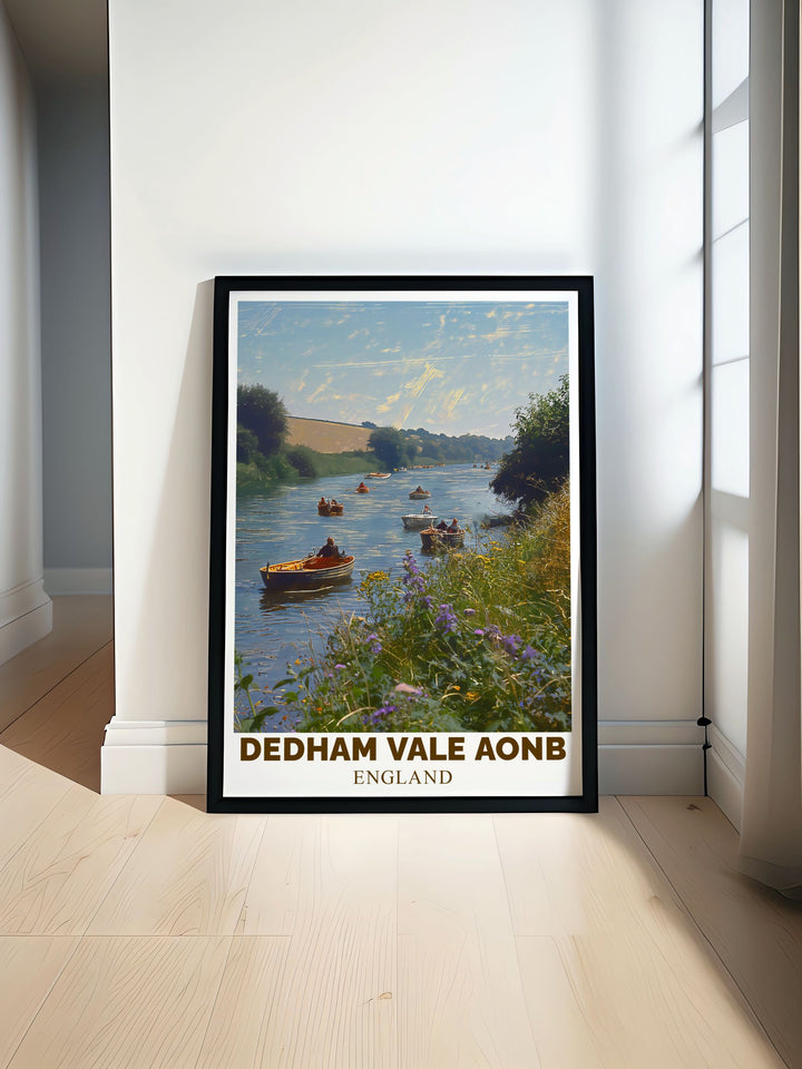 This Dedham Vale travel print captures the gentle flow of the Stour River through Constable Country, offering a serene depiction of the British countryside. Perfect for home décor or as a thoughtful gift for nature lovers.