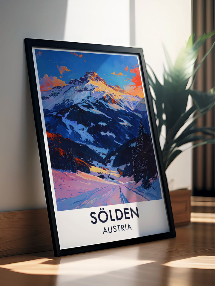 This vintage inspired poster of Solden captures the magic of Gaislachkogl Peak, providing a unique view of the scenic landscape and thrilling snowboarding experience, perfect for art lovers and adventure seekers.