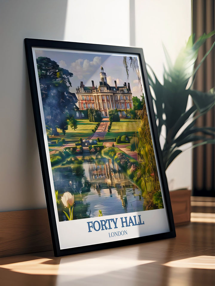 Illustrating the historic elegance of Forty Hall, this artwork showcases the Jacobean mansions stunning architecture and rich history, offering a glimpse into 17th century life.