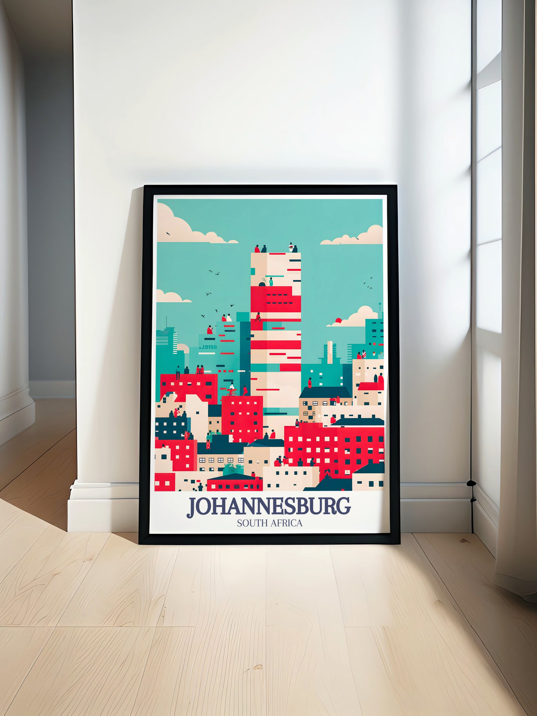 Vibrant Johannesburg poster print highlighting the iconic Ponte City Apartments and Maboneng Precinct. This digital print captures the urban landscape and creative spirit of Johannesburg, making it perfect for lovers of modern cityscapes and cultural destinations. Great for home or office décor.