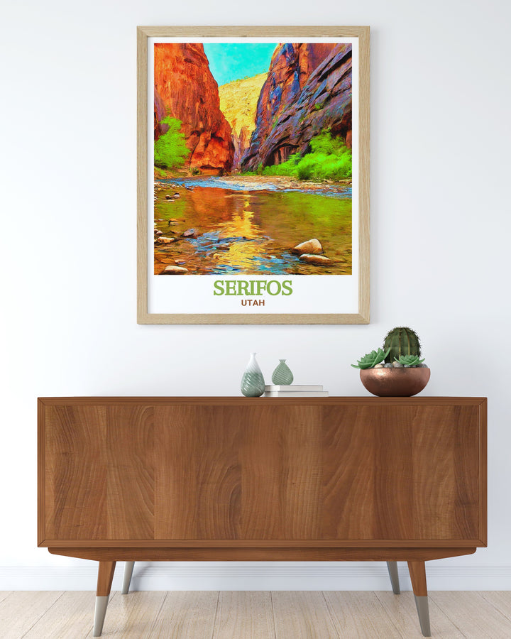 This Springdale Poster captures the majesty of The Narrows, highlighting the towering cliffs and winding rivers that define this iconic Utah landscape. Ideal for adding a touch of adventure to your decor.