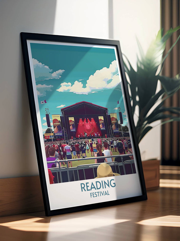 Main Stage print of the iconic Leeds Festival featuring vibrant stage and crowd scenes perfect for fans of music festivals and unique home decor