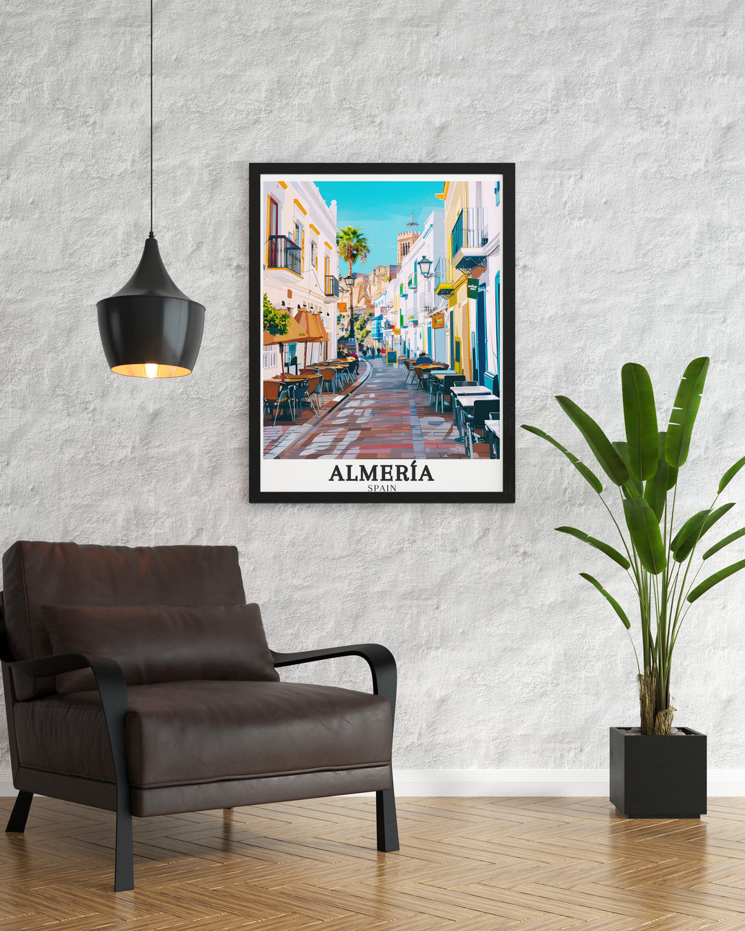 Almería travel print showcasing the dynamic architecture and streets of Barrio de la Chanca in Andalusia. This print is perfect for those who love the energy and beauty of Spanish cities.