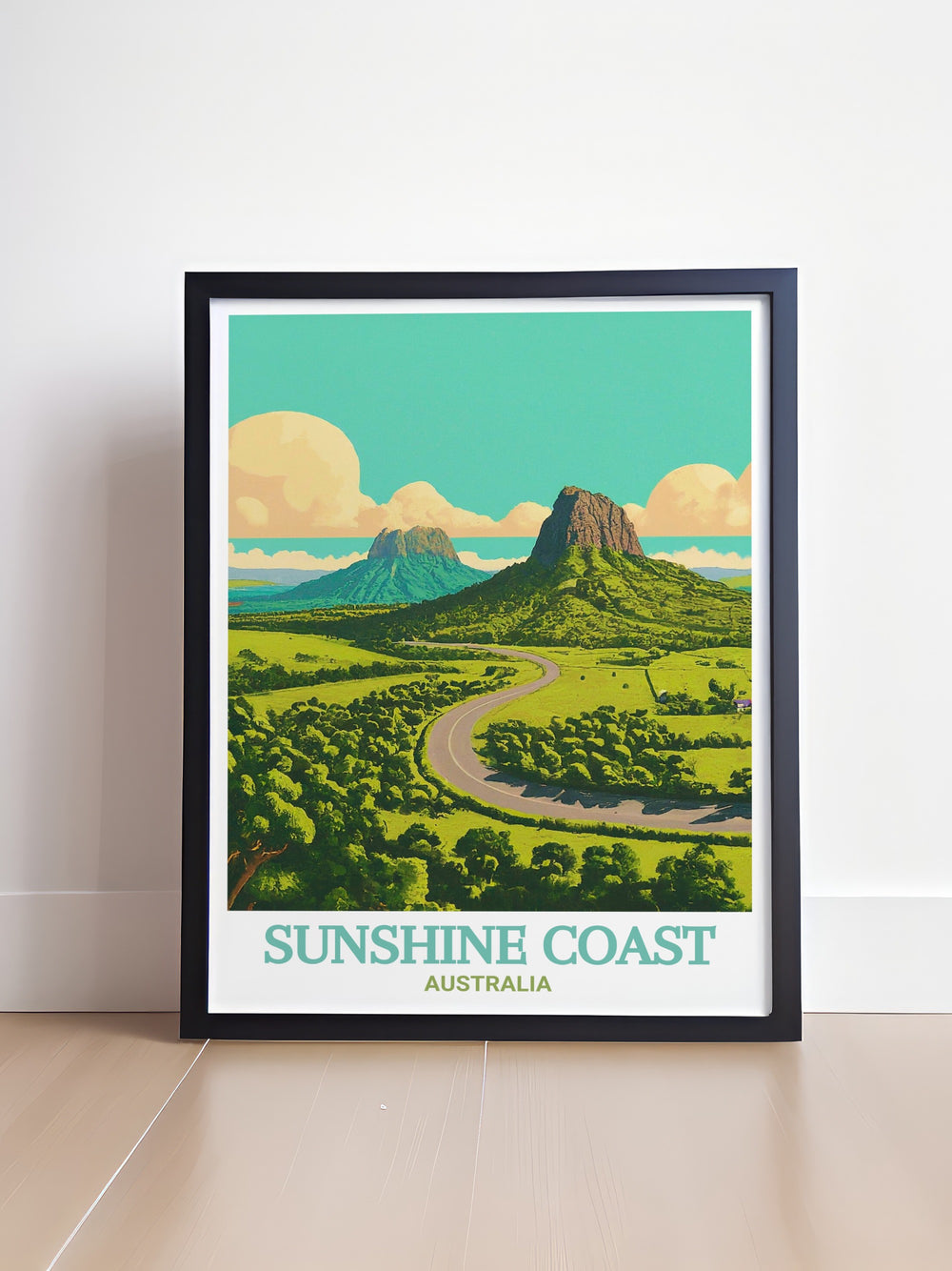 This Sunshine Coast travel poster features Australias stunning coastal landscapes alongside the towering Glass House Mountains. The vibrant colors and intricate details make this wall art a timeless piece for any room.