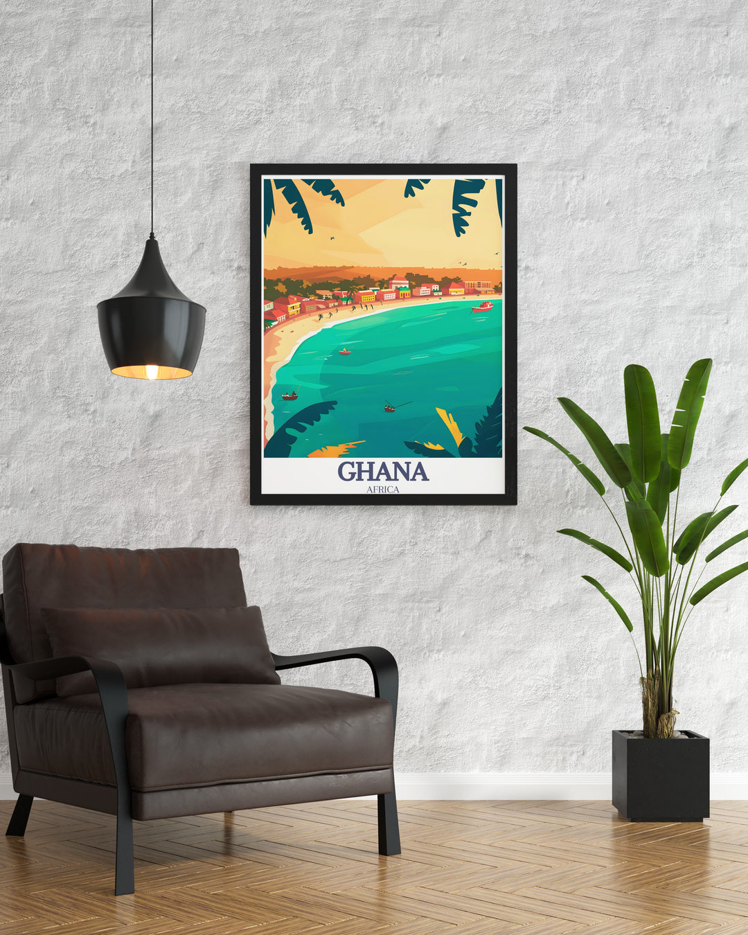 This Ghana poster print beautifully depicts Accras skyline along with the serene Labadi Beach, making it a must have for anyone who loves African travel art and beach scenes. The vintage inspired design adds charm to any room, and its perfect as a gift for travelers or art lovers.