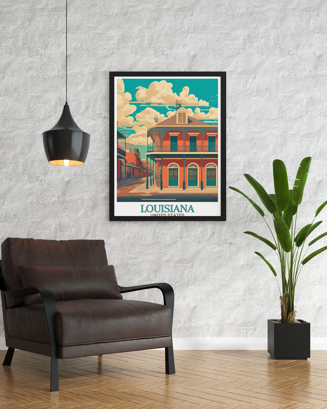 A vintage style poster of New Orleans, showcasing the lively French Quarter with its rich history and cultural significance. This travel print is perfect for fans of Louisianas architecture and anyone who wants to bring a piece of New Orleans into their home.