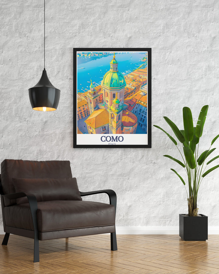 Capture the elegance of vintage train travel with this Royal Scotsman print featuring the Scottish Highlands. Paired with Como Cathedral Lake Como modern art it offers a unique and elegant addition to your living room or office decor.