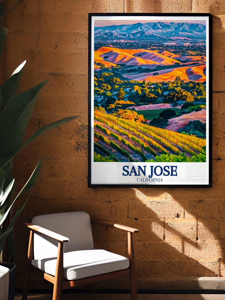 A travel art print of San Jose that highlights both the citys modern energy and the natural beauty of the Almaden Valley and Santa Cruz Mountains. This artwork is ideal for home décor that balances urban and outdoor themes.