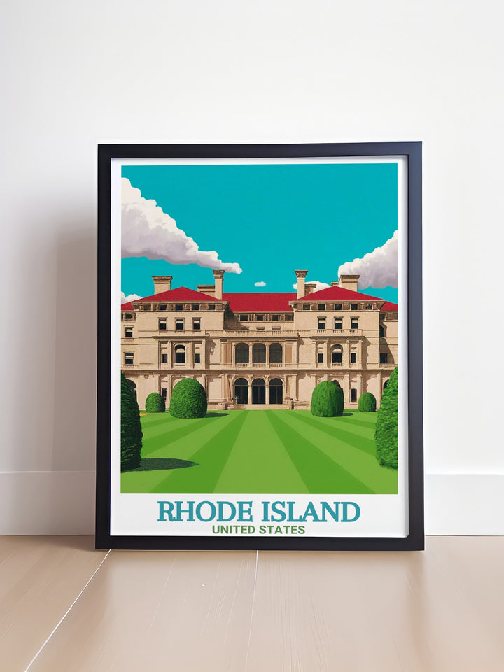 A Rhode Island travel poster featuring The Breakers, one of Newports most famous landmarks. This art print highlights the mansions intricate design and grandeur, making it a sophisticated piece of wall art for homes, offices, or as a special gift.