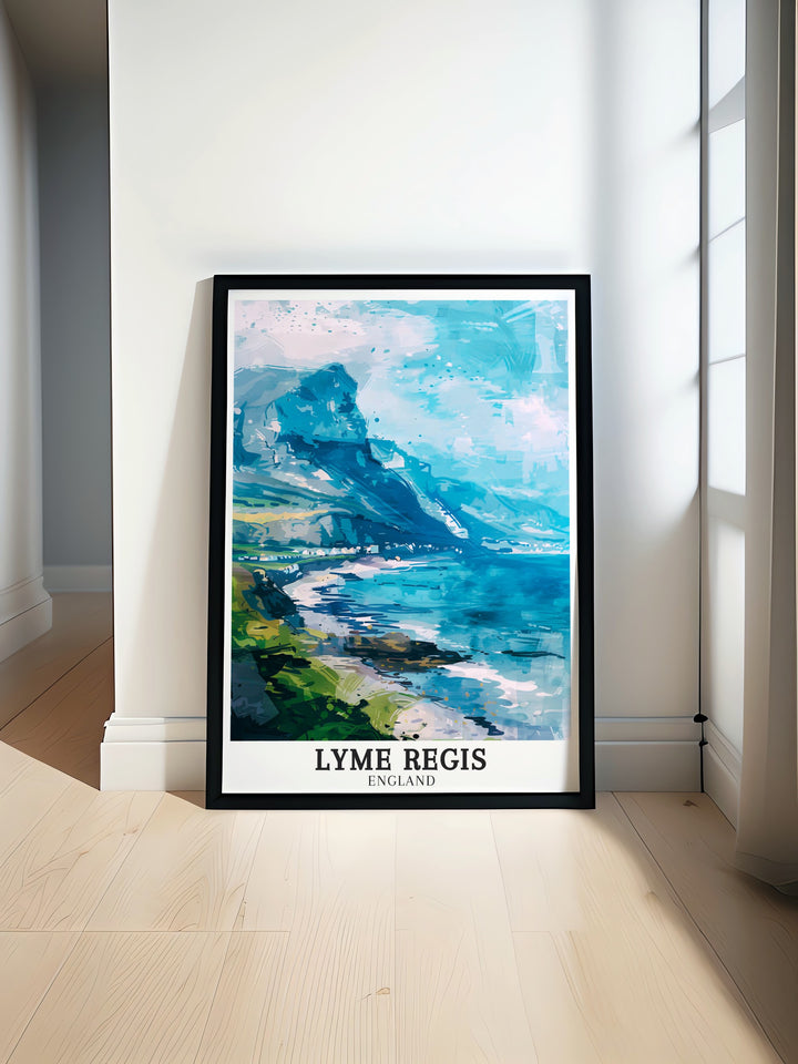 This canvas art of Lyme Regis highlights the stunning scenery of Charmouth Ledge and Charmouth Beach along the Jurassic Coast. Perfect for lovers of coastal landscapes, this artwork offers a timeless reminder of the beauty of Englands southern coastline.