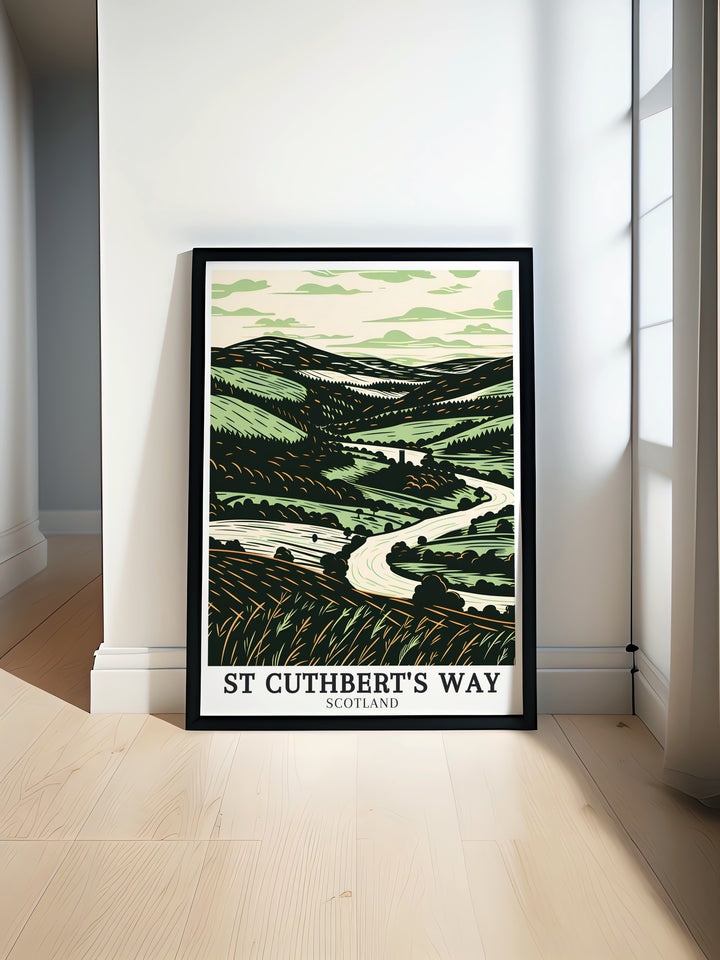 River Tweed St Boswells captured beautifully in this St Cuthberts Way poster print showcasing the scenic beauty of the Scottish Borders and the historic Lindisfarne Castle a perfect addition for vintage hiking print lovers and Northumberland art enthusiasts