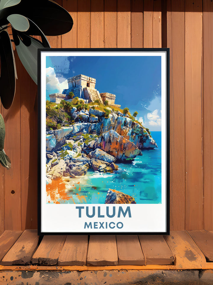 Experience the ancient beauty of Tulum with this detailed poster, capturing its historic ruins and serene ocean views, perfect for adding a touch of coastal tranquility to your home.
