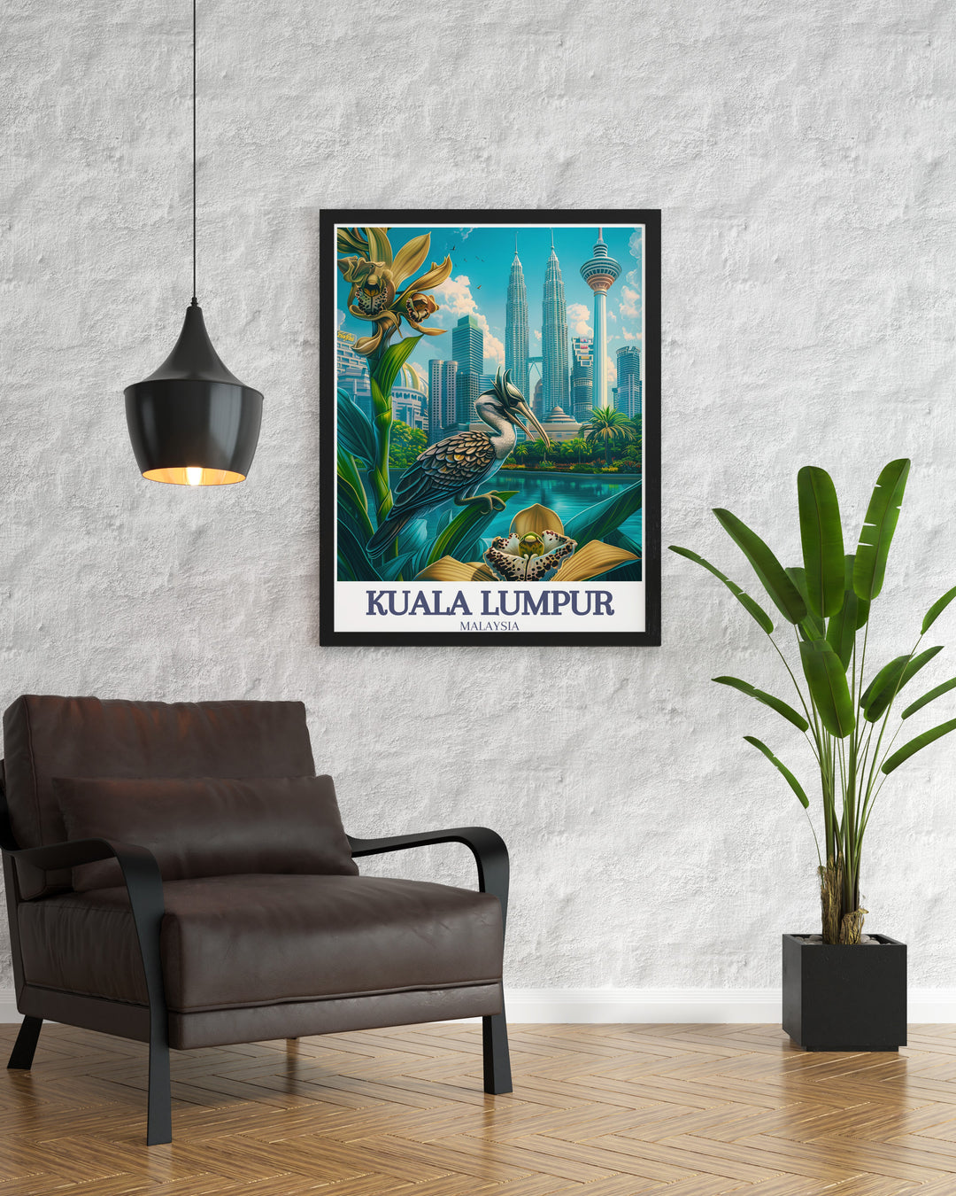 Kuala Lumpur framed art showcasing the dynamic skyline of Petronas Towers and the natural beauty of Perdana Gardens. Perfect for anyone who loves urban landscapes with a touch of nature, this wall art brings the essence of Malaysias capital into your home.