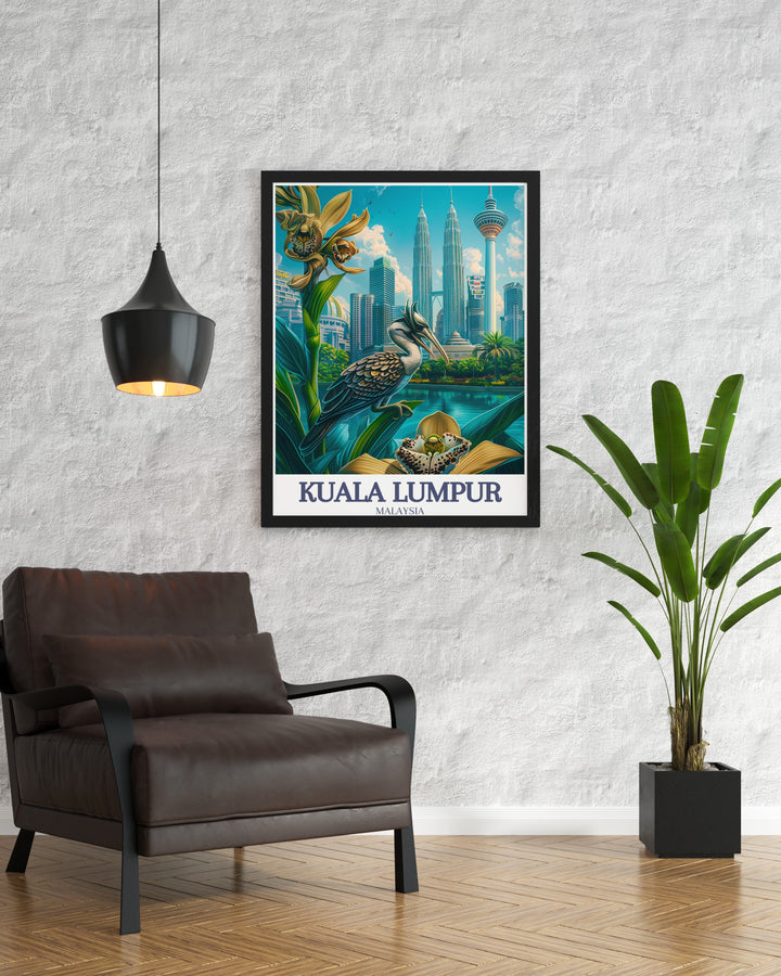 Kuala Lumpur framed art showcasing the dynamic skyline of Petronas Towers and the natural beauty of Perdana Gardens. Perfect for anyone who loves urban landscapes with a touch of nature, this wall art brings the essence of Malaysias capital into your home.