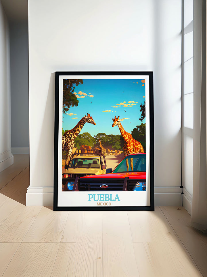 Puebla Print featuring vibrant cityscape and historic architecture Africam Safari artwork depicting majestic animals in their natural habitat perfect for adding a touch of Mexico and wildlife adventure to your home decor ideal for personalized gifts and elegant wall art