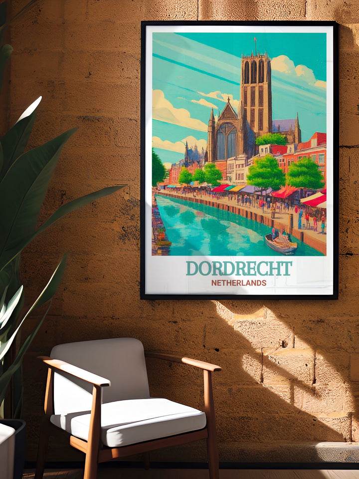 Grote Kerk wall art featuring the iconic church in Dordrecht, known for its stunning Gothic architecture. This Netherlands travel print is perfect for anyone who admires historic European landmarks and wants to bring a piece of Dutch culture into their home.