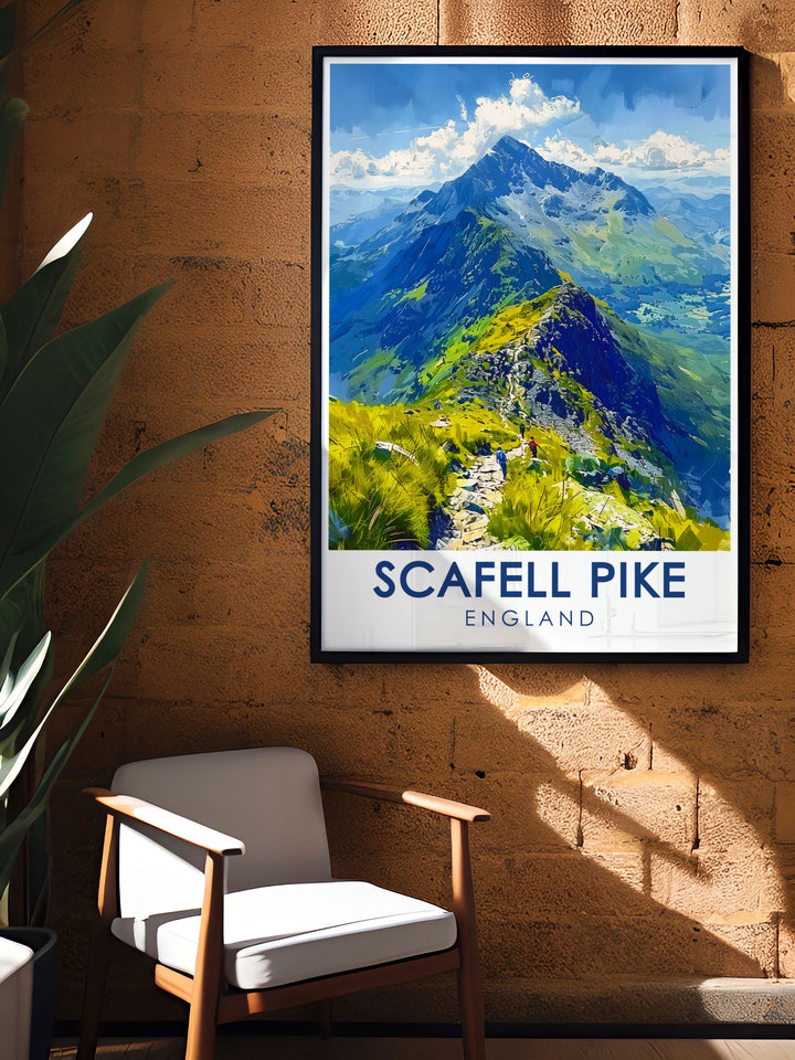 Vibrant Scafell Pike travel poster, bringing the awe inspiring landscapes and serene atmosphere of the Lake District into your living space, perfect for nature enthusiasts.