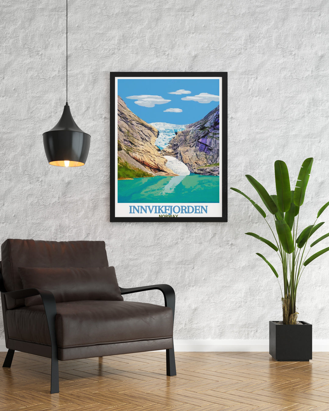 Breathtaking Briksdalsbreen Glacier prints highlighting the fjord beauty and serene Nordic scenery of Innvikfjorden Norway perfect for art lovers