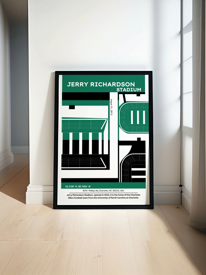 Retro College Poster featuring Jerry Richardson with vibrant colors celebrating the excitement of UNC Charlotte football perfect for fans and alumni looking to decorate their space with school pride