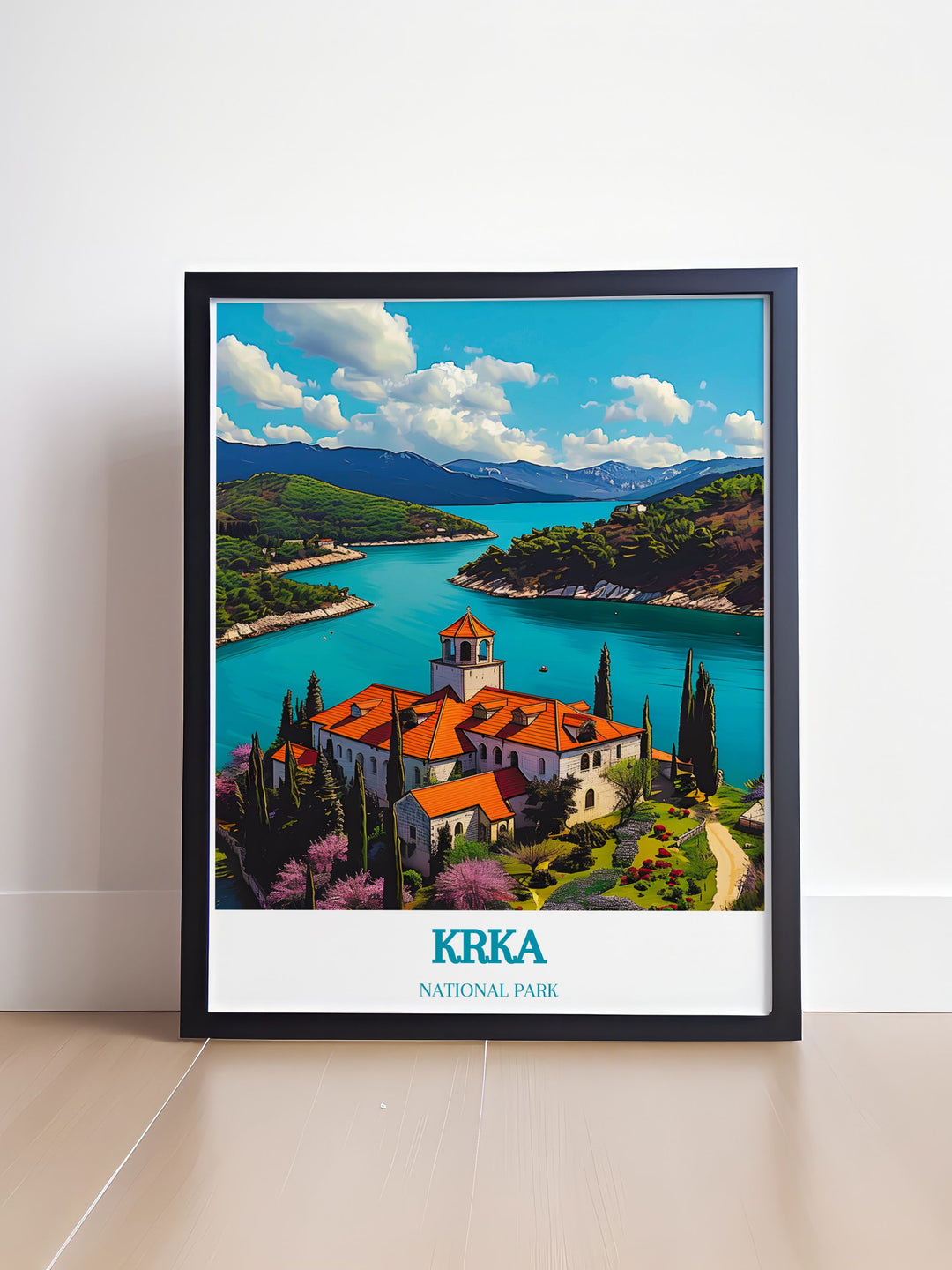 Visovac Island modern decor art piece offering a beautiful depiction of Krka National Parks serene waters and lush surroundings for elegant wall decor