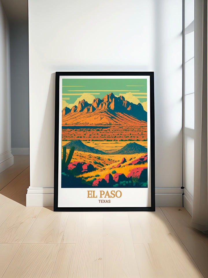 Celebrate the bold landscapes of Texas with this Franklin Mountains wall poster. The detailed artwork highlights the dramatic beauty of El Paso and its surroundings, perfect for anyone who loves to travel or enjoys unique decor. This piece adds a pop of color and a story of adventure to any room.